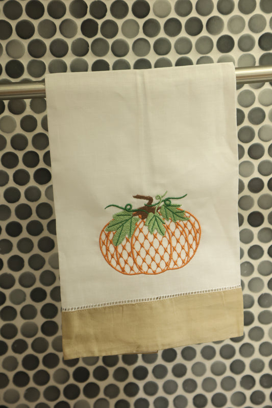 Embroidered Pumpkin Linen Hand Towels