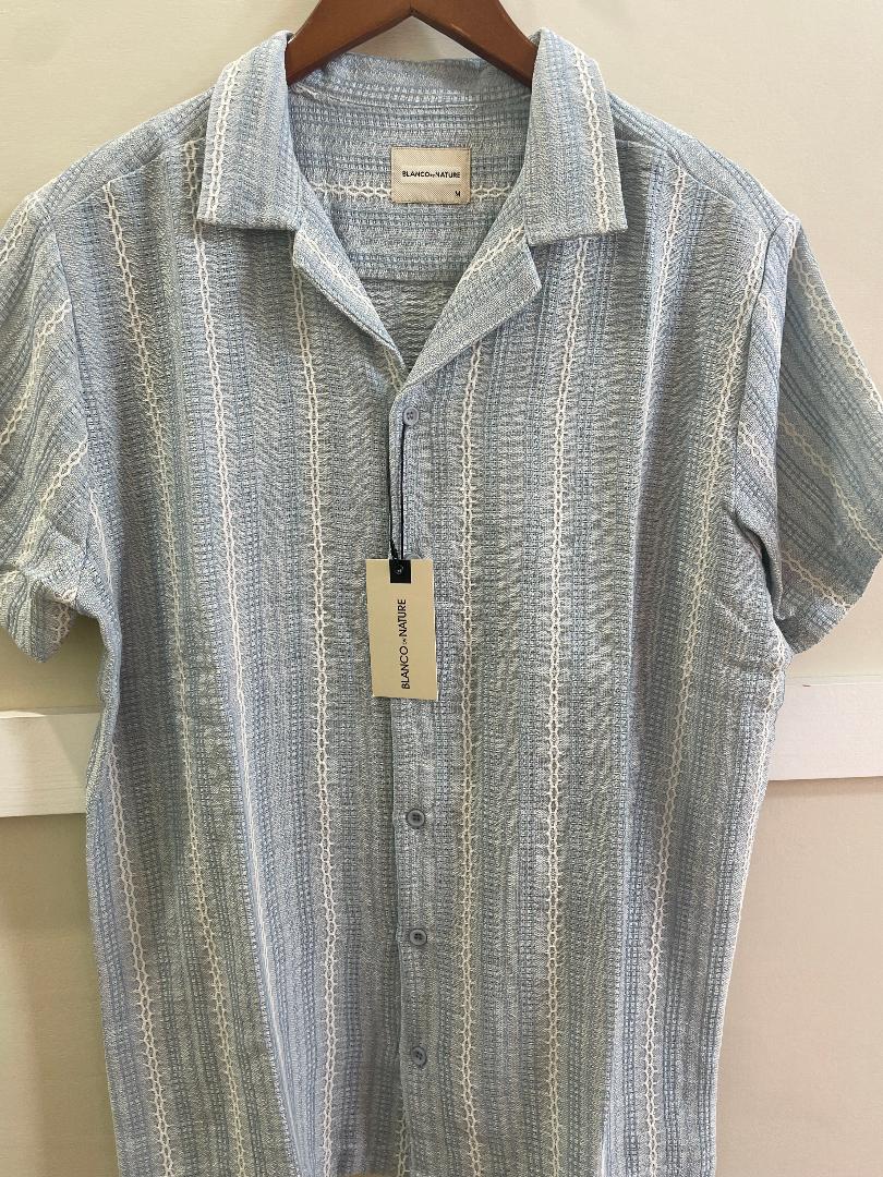 Blanco- Men's Light Blue Textured Stripe Camp Shirt