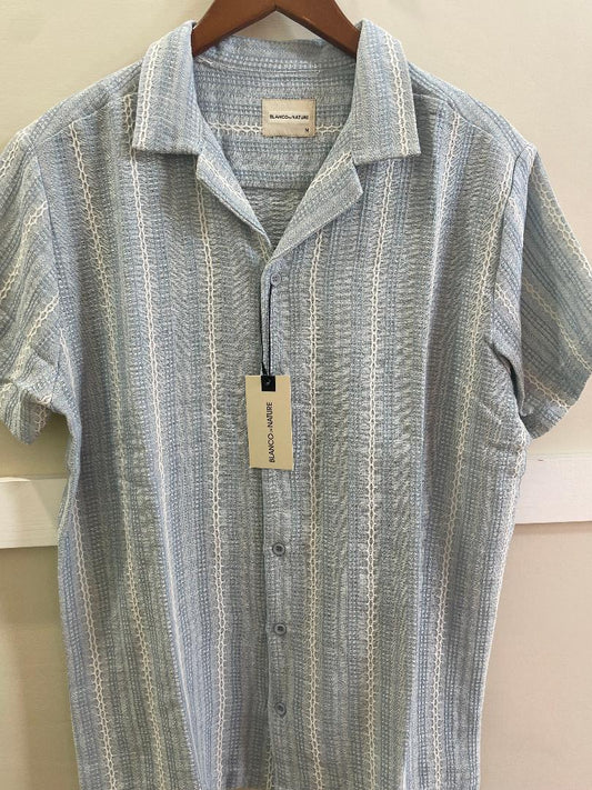Blanco- Men's Light Blue Textured Stripe Camp Shirt