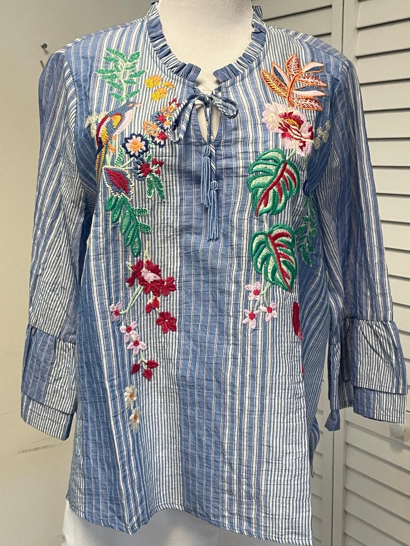 Renuar - Blue Combo Top with Embroidery