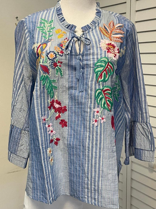 Renuar - Blue Combo Top with Embroidery