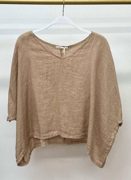 Milio Milano V-Neck Linen Dolman Sleeve Crop Top Camel in Color