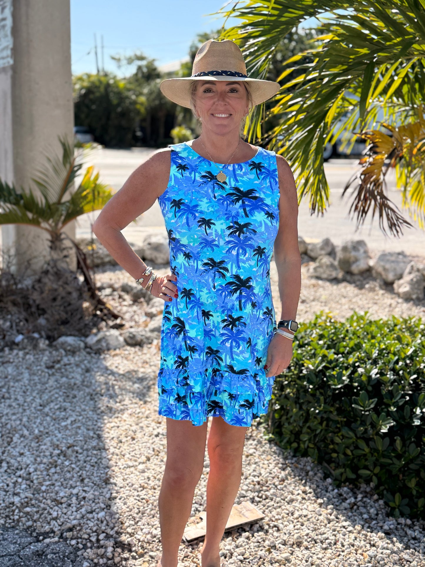 Palm Tree Sleeveless Ruffle Trim Dress