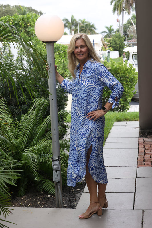 la mer luxe - Blue Animal Abstract - 3/4 sleeve Hailey Midi Dress