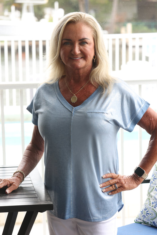 urban Mangoz - Shimmer V Neck Short Sleeve Top