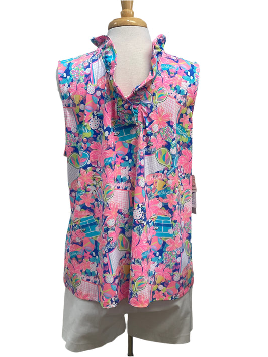 Lulu-B Ruffle V-Neck Tank in Pickleball Fun