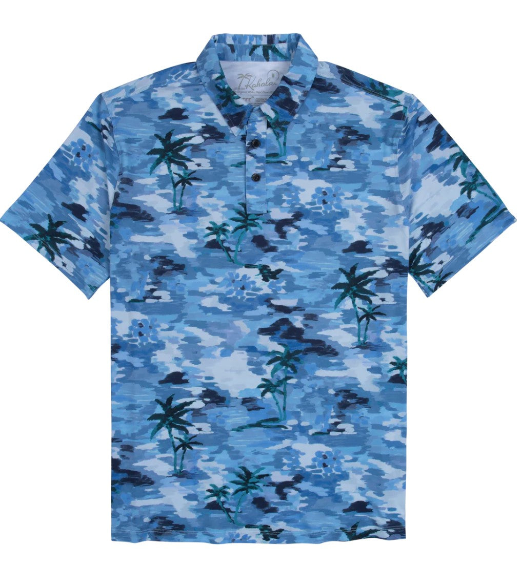 Haze Knit Performance Polo - Blue Watercolor Palms