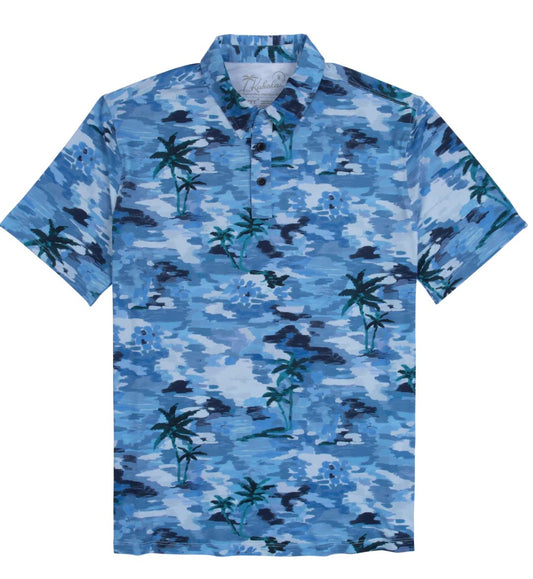 Haze Knit Performance Polo - Blue Watercolor Palms