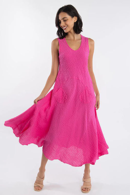 Luna Luz - Seersucker Tank Dress With Pockets - Hot Pink