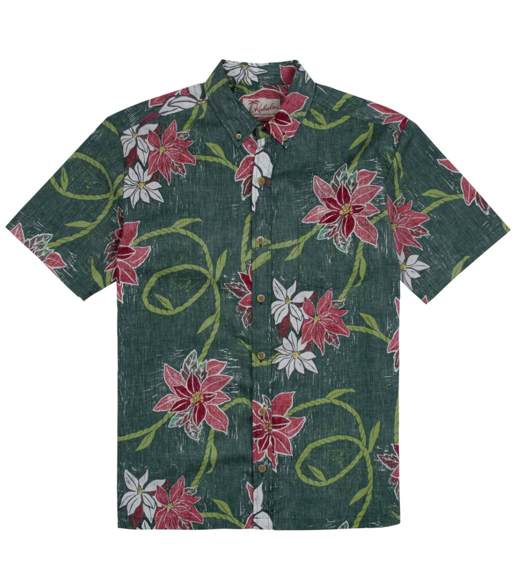 PUA KALIKIMAKA SHORT SLEEVE BUTTON UP CHRISTMAS SHIRT - GREEN