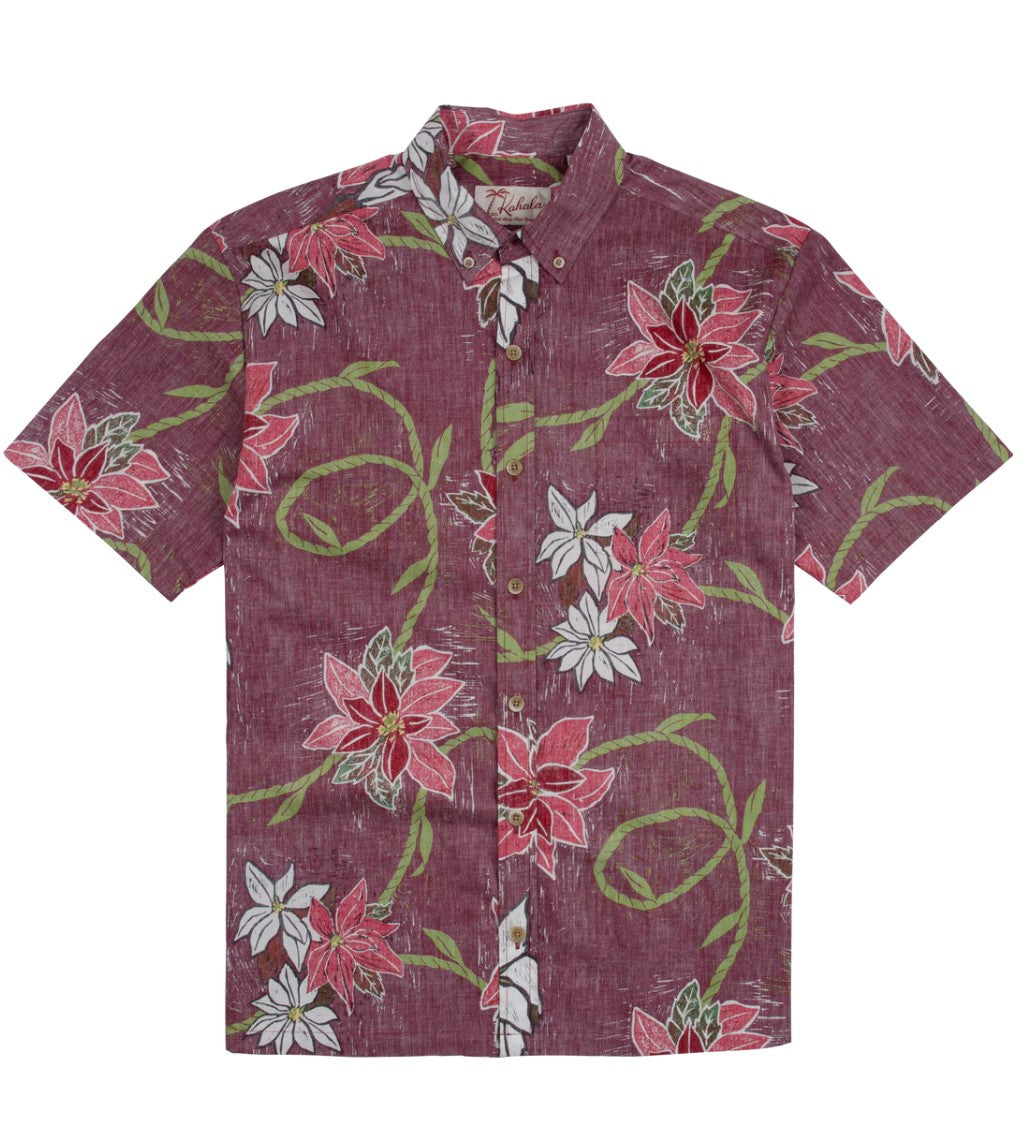 PUA KALIKIMAKA SHORT SLEEVE BUTTON UP CHRISTMAS SHIRT - RED