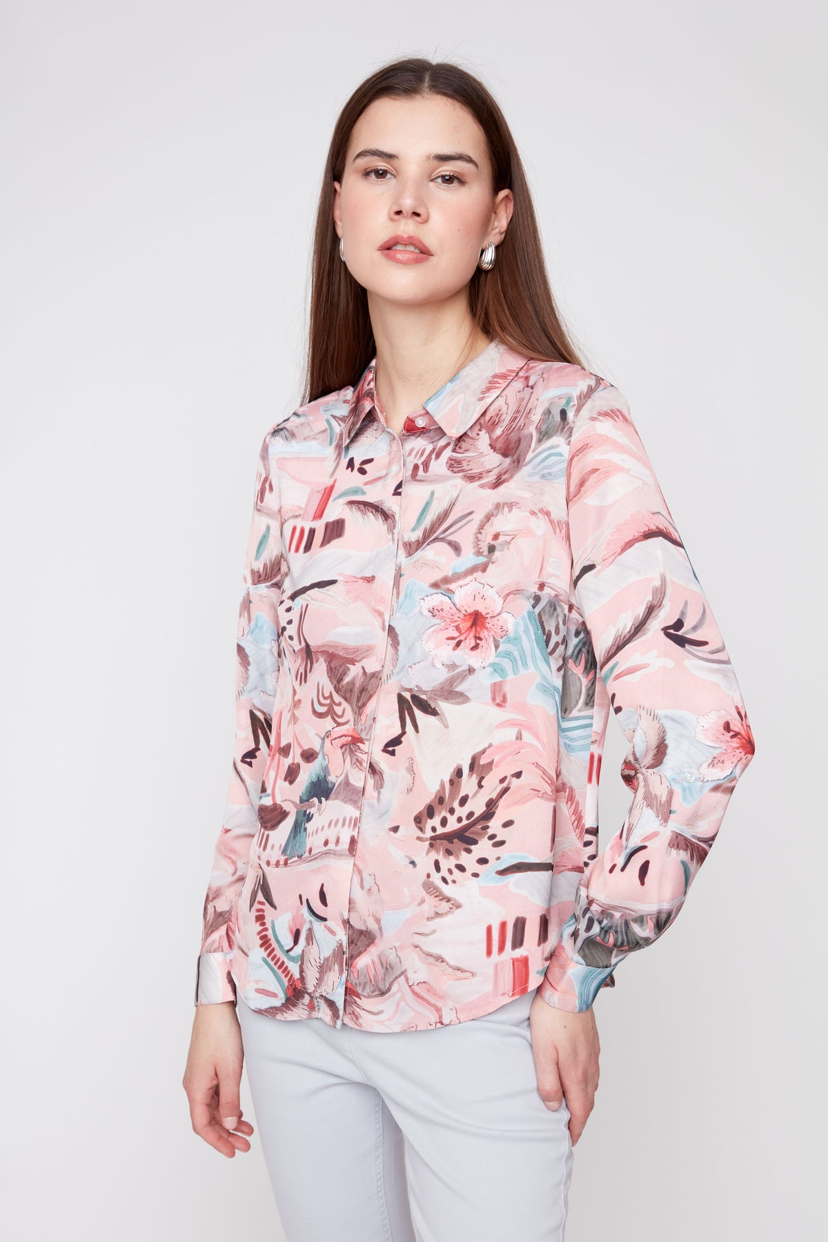 RENUAR - Palm Tree Print Rose Combo Blouse