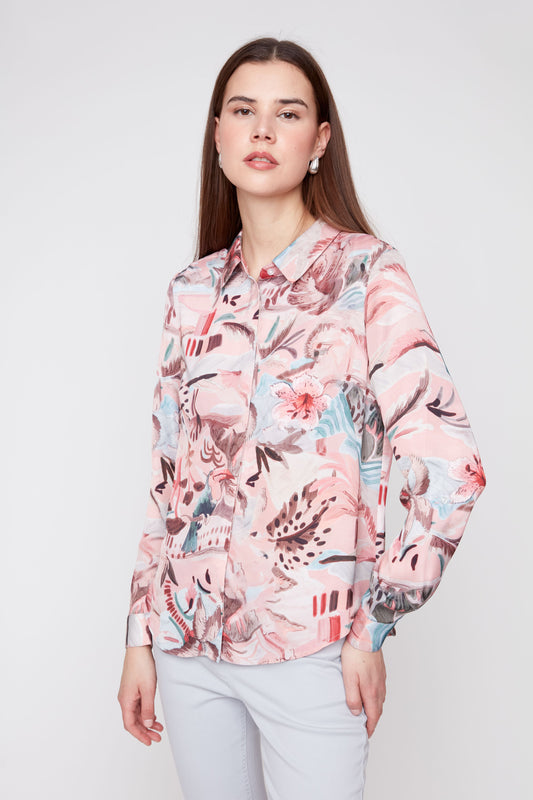 RENUAR - Palm Tree Print Rose Combo Blouse
