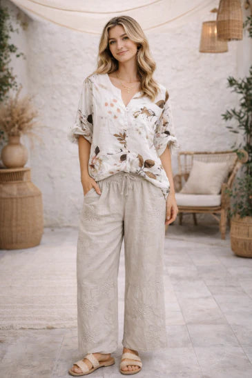 Urban Mangoz-Floral Embroidered Pants- Khaki