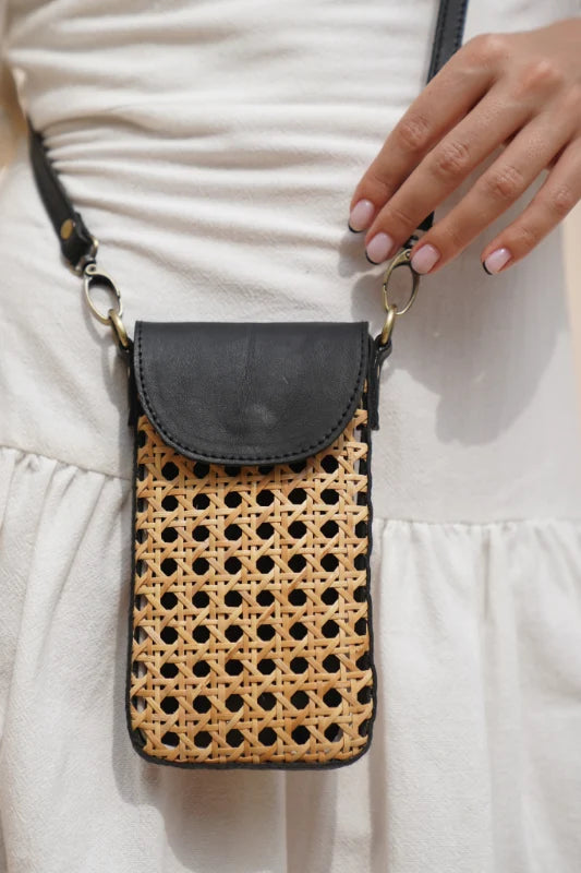 The Winding Road - Rattan Cane Weave Cell Crossbody Leather Trim