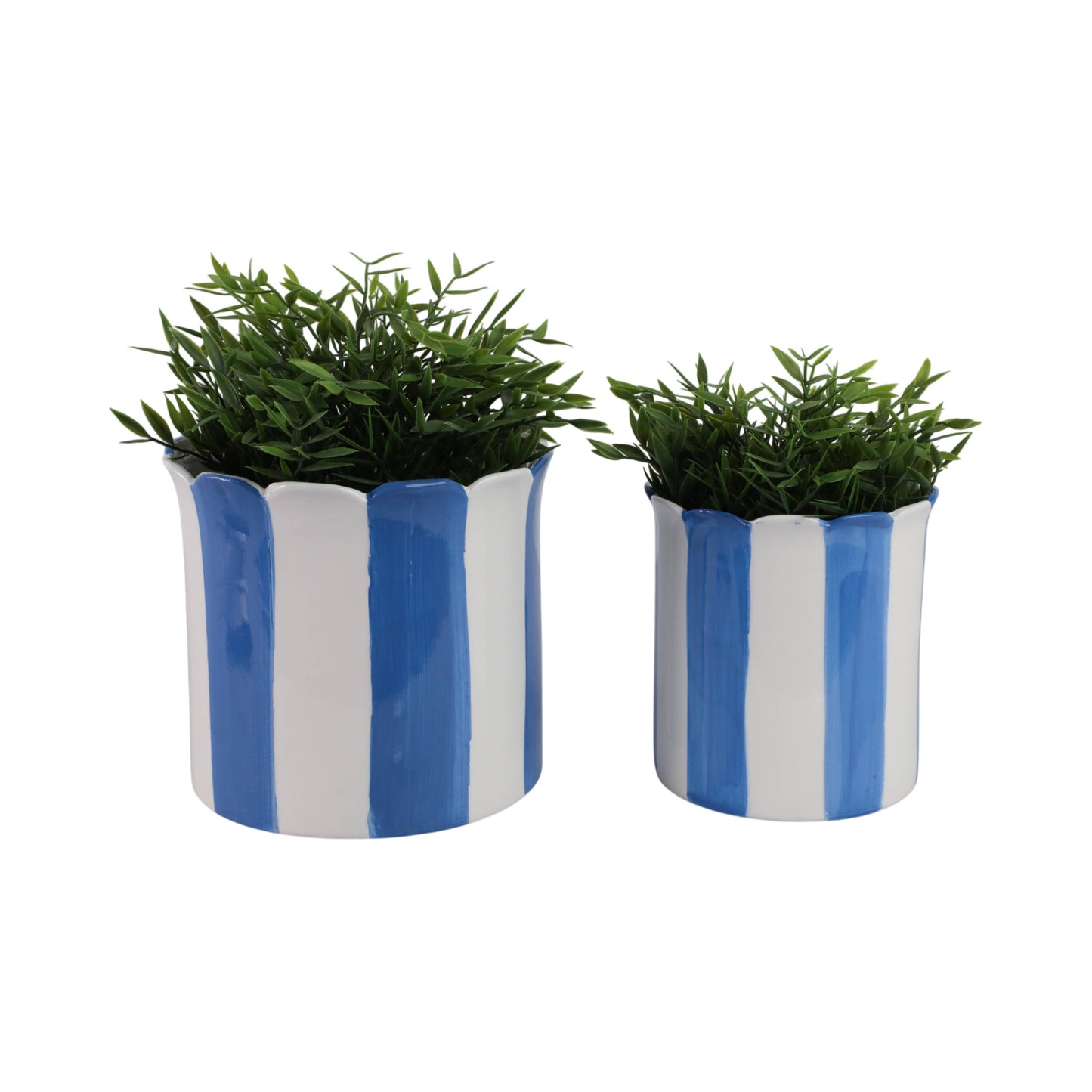Sagebrook Home - Planters Set of 2 - Blue Ceramic Striped Scallop, 6/8 in.
