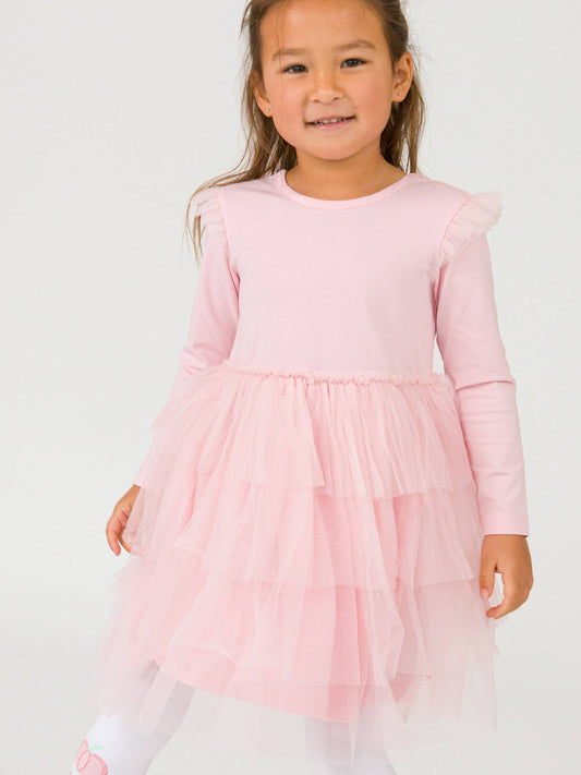 RuffleButts + RuggedButts - Girls Pink Flutter Tulle Long Sleeve Twirl Dress