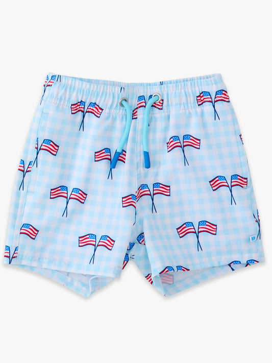 RuffleButts + RuggedButts - Boys Blue Patriotic Gingham Performance Hybrid Swim Trunks