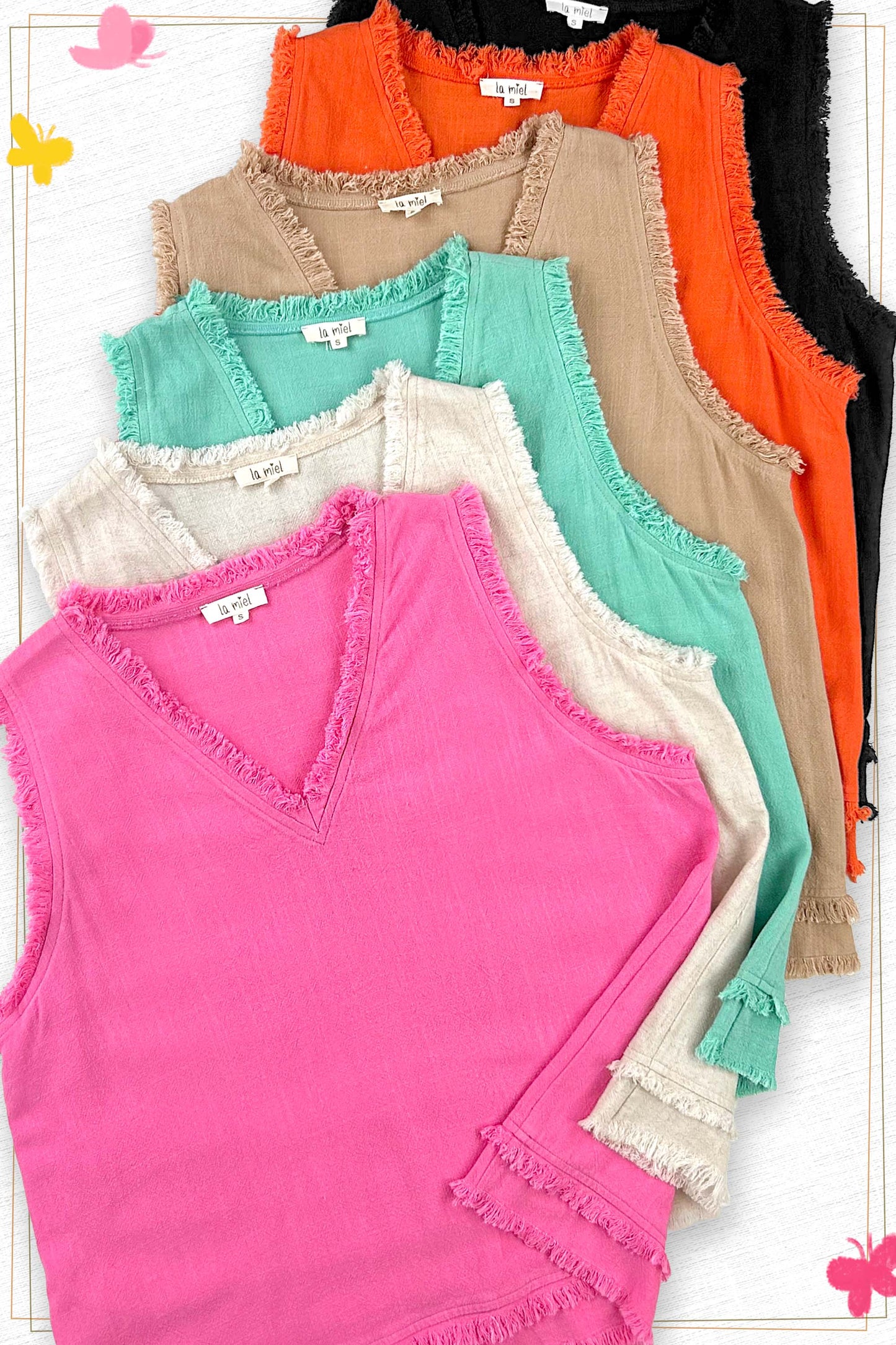 La Miel - Soft Washed Gauze Cut Edge Sleeveless V-neck Top