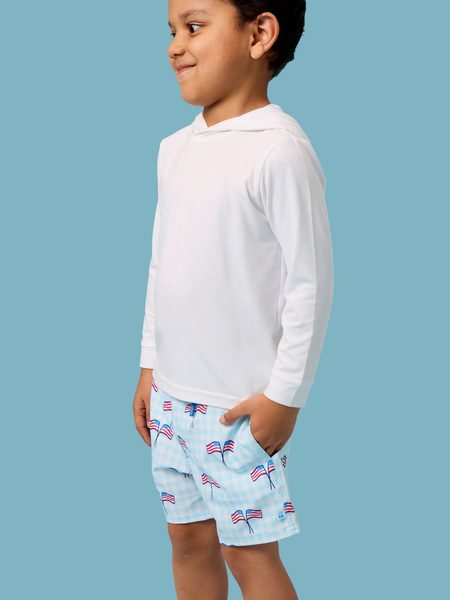 RuffleButts + RuggedButts - Boys Blue Patriotic Gingham Performance Hybrid Swim Trunks