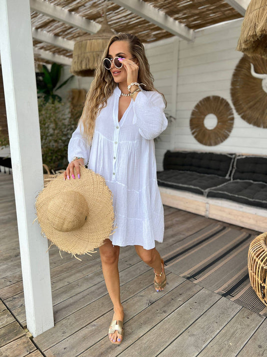 LOOWIE - White Gauze Cotton Italian Short Dress 3/4 Sleeves