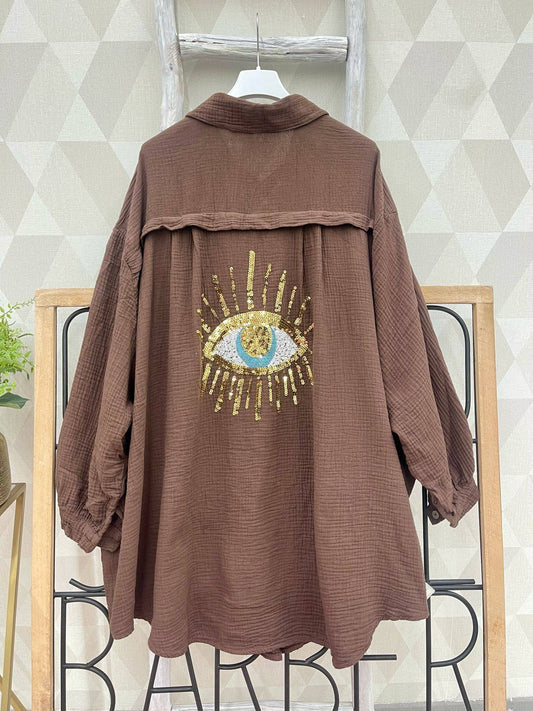 LOOWIE - Choco Oversized Evil Eye Gauze Cotton Shirt