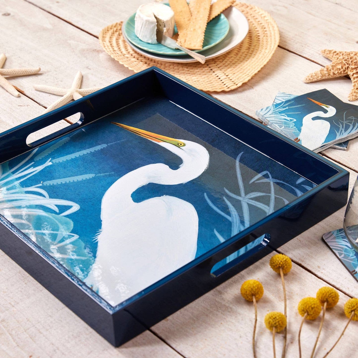 rockflowerpaper - NIGHT EGRET 15 Inch Square Tray