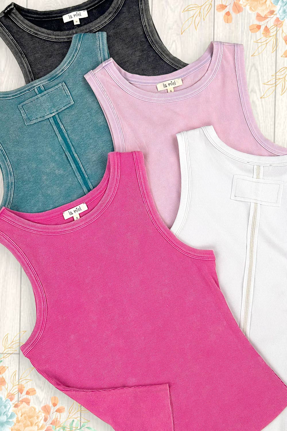 La Miel - Mineral Washed Back Patch Detail Breathable Tank Top