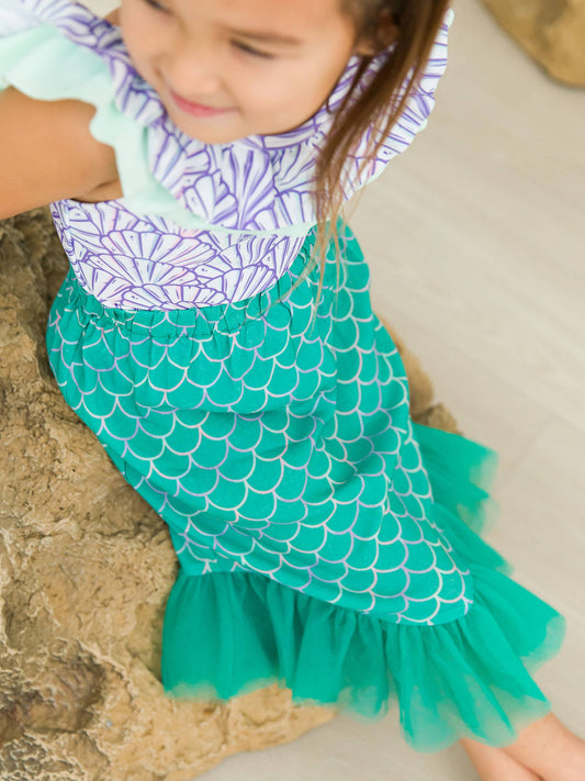 RuffleButts + RuggedButts - Girls Marine Green Scales Mermaid Tail Skirt Cover-Up