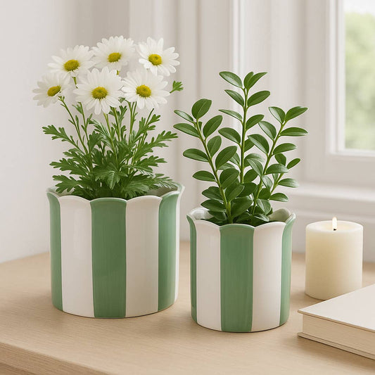 Sagebrook Home - Planters Set of 2 - Green/White Ceramic Striped, 6/8 in.