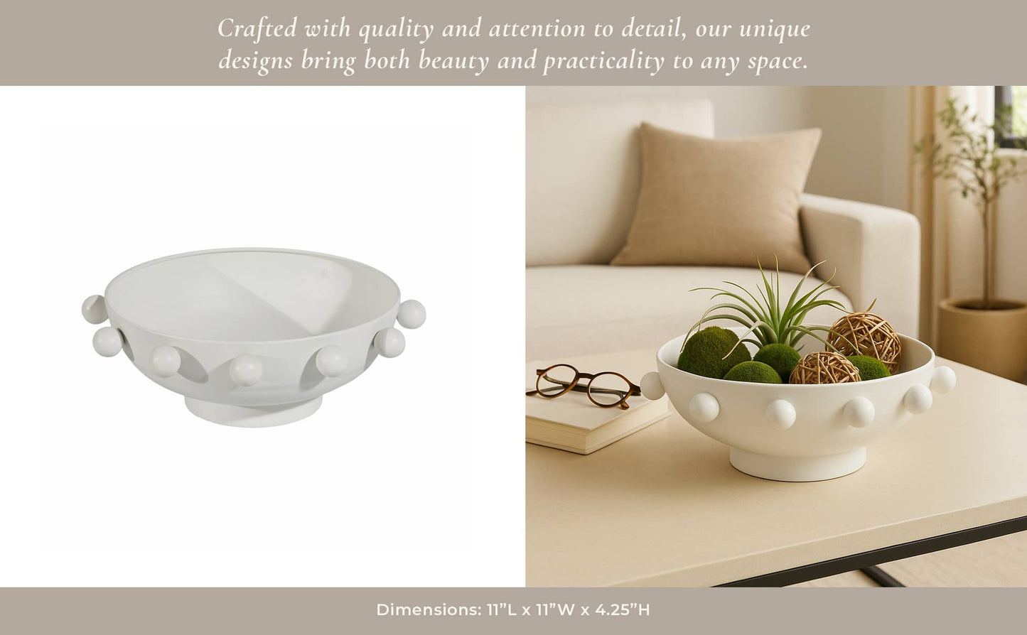 Sagebrook Home - Decorative Bowl - White Iron/Fir Wood Hobnail, 11 in.