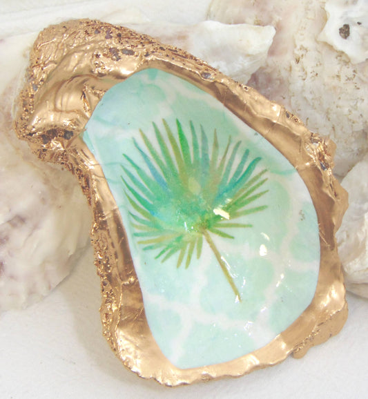 Lowcountry Linens - Designer Oyster Shell Jewelry Bowl  Watercolor Frond