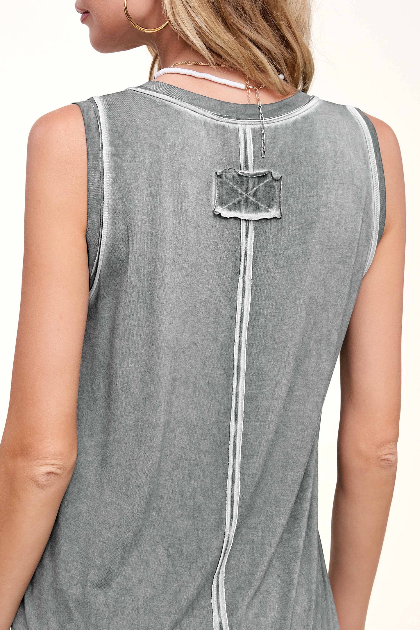 La Miel - Dyed Fabric V-neck Raw Edge Tank Top