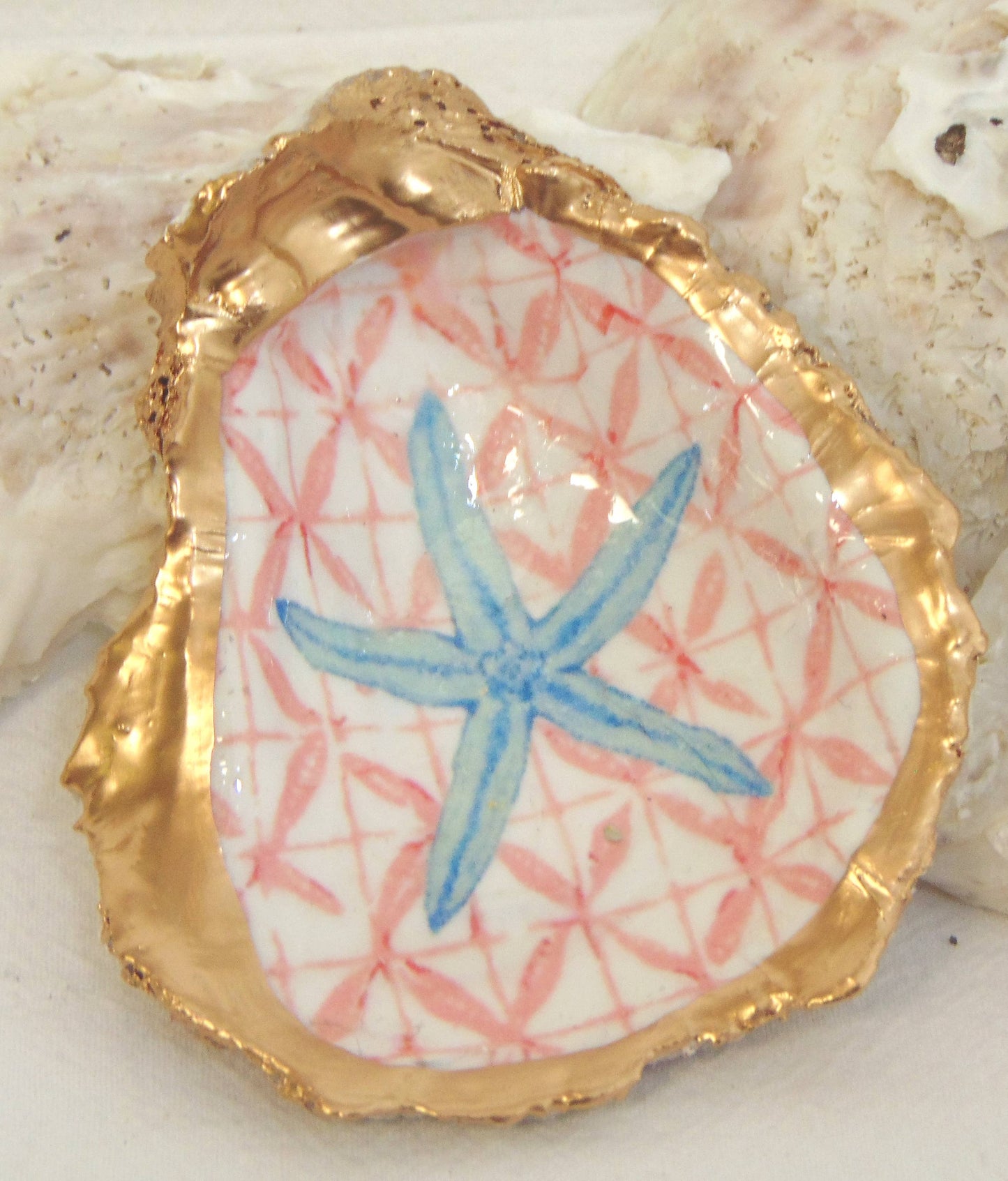 Lowcountry Linens - Designer Oyster Shell Jewelry Bowl  Watercolor Starfish
