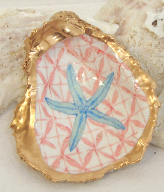 Lowcountry Linens - Designer Oyster Shell Jewelry Bowl  Watercolor Starfish