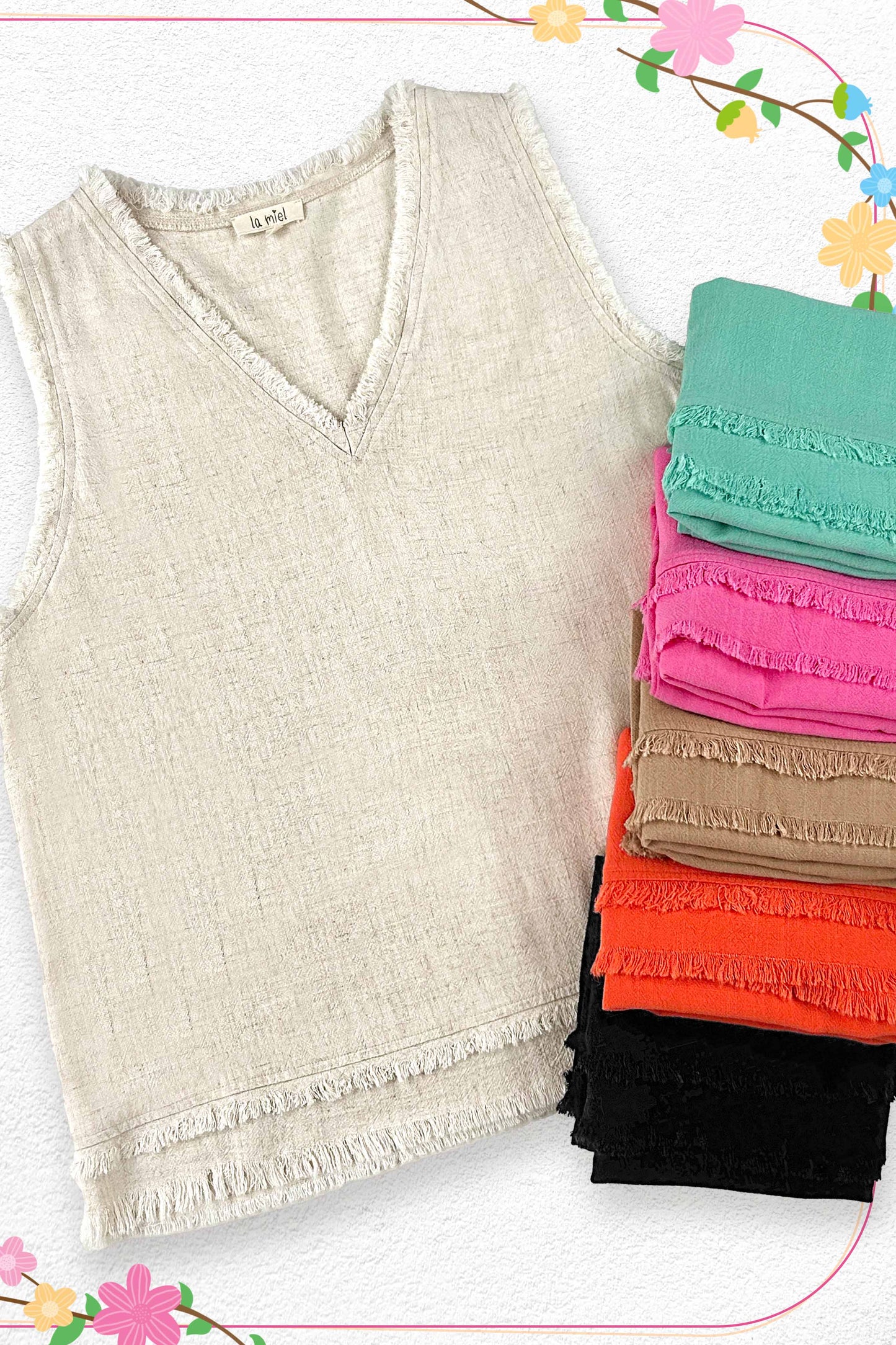 La Miel - Soft Washed Gauze Cut Edge Sleeveless V-neck Top