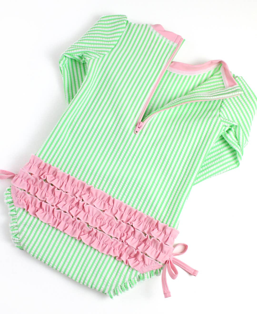 RuffleButts + RuggedButts - Baby Girls Spring Green Seersucker Long Sleeve One Piece Rash Guard Swimsuit with Signature Rear Ruffles