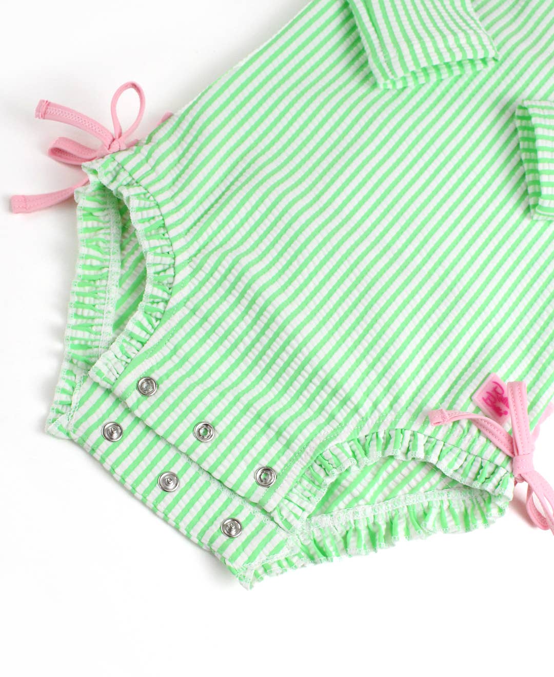 RuffleButts + RuggedButts - Baby Girls Spring Green Seersucker Long Sleeve One Piece Rash Guard Swimsuit with Signature Rear Ruffles