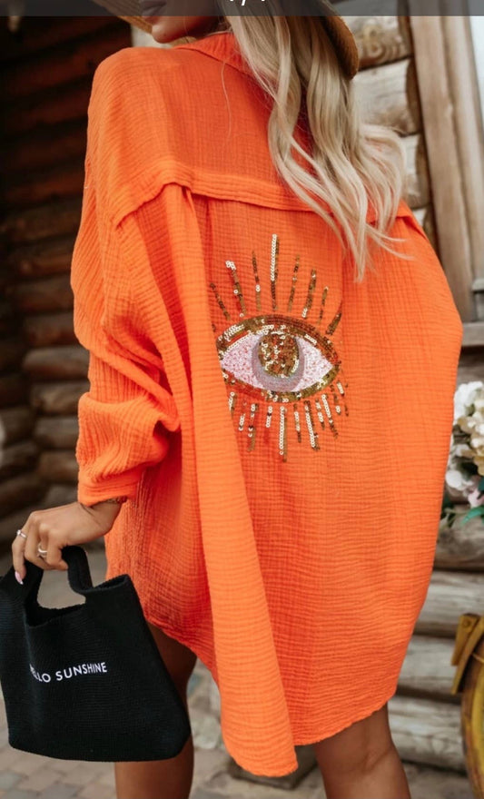 LOOWIE - Orange Oversized Evil Eye Gauze Cotton  Button Shirt