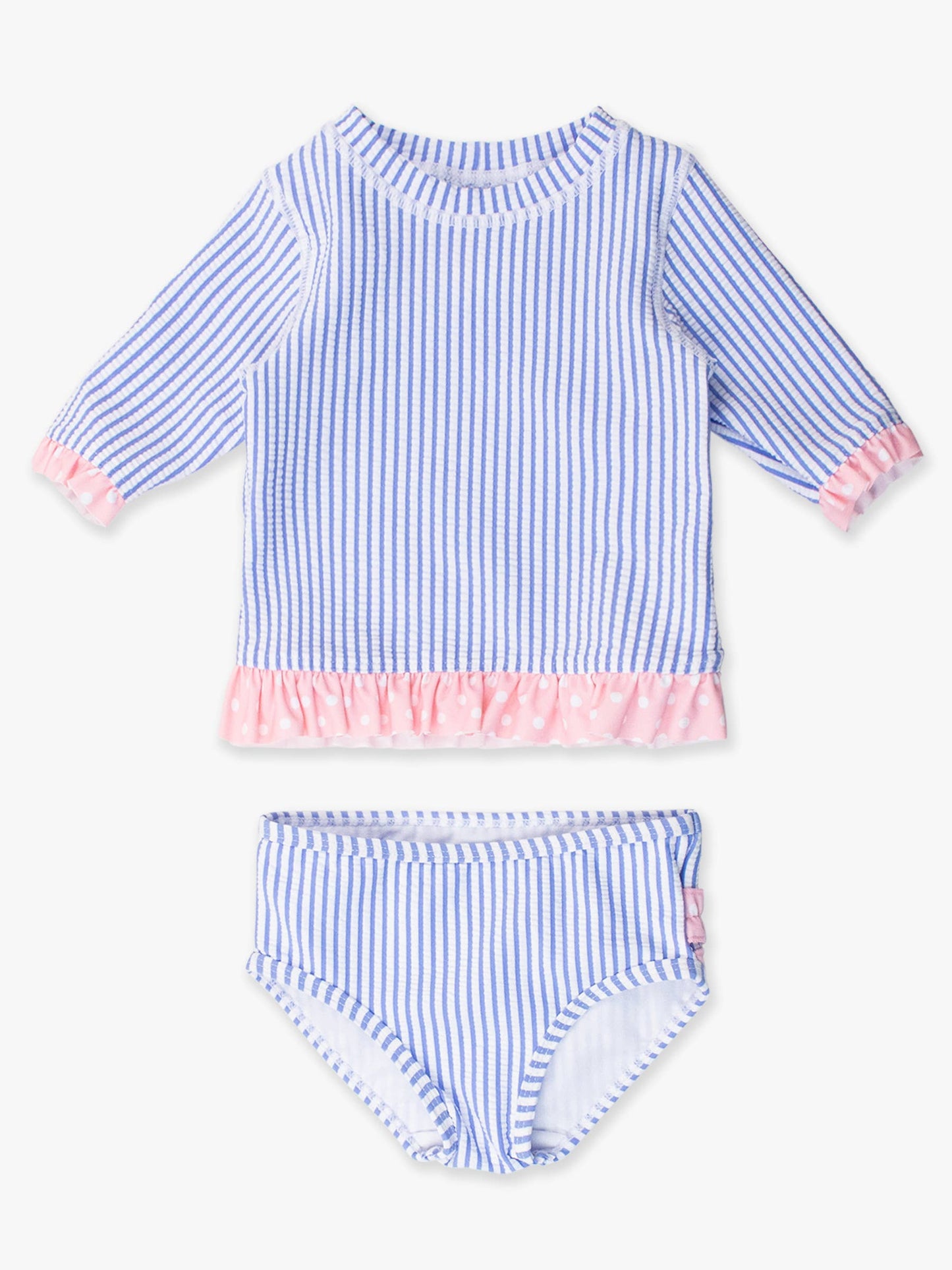 RuffleButts + RuggedButts - Girls Periwinkle Blue Seersucker Short Sleeve Ruffle Rash Guard 2-Piece Swimsuit with Signature Rear Ruffles