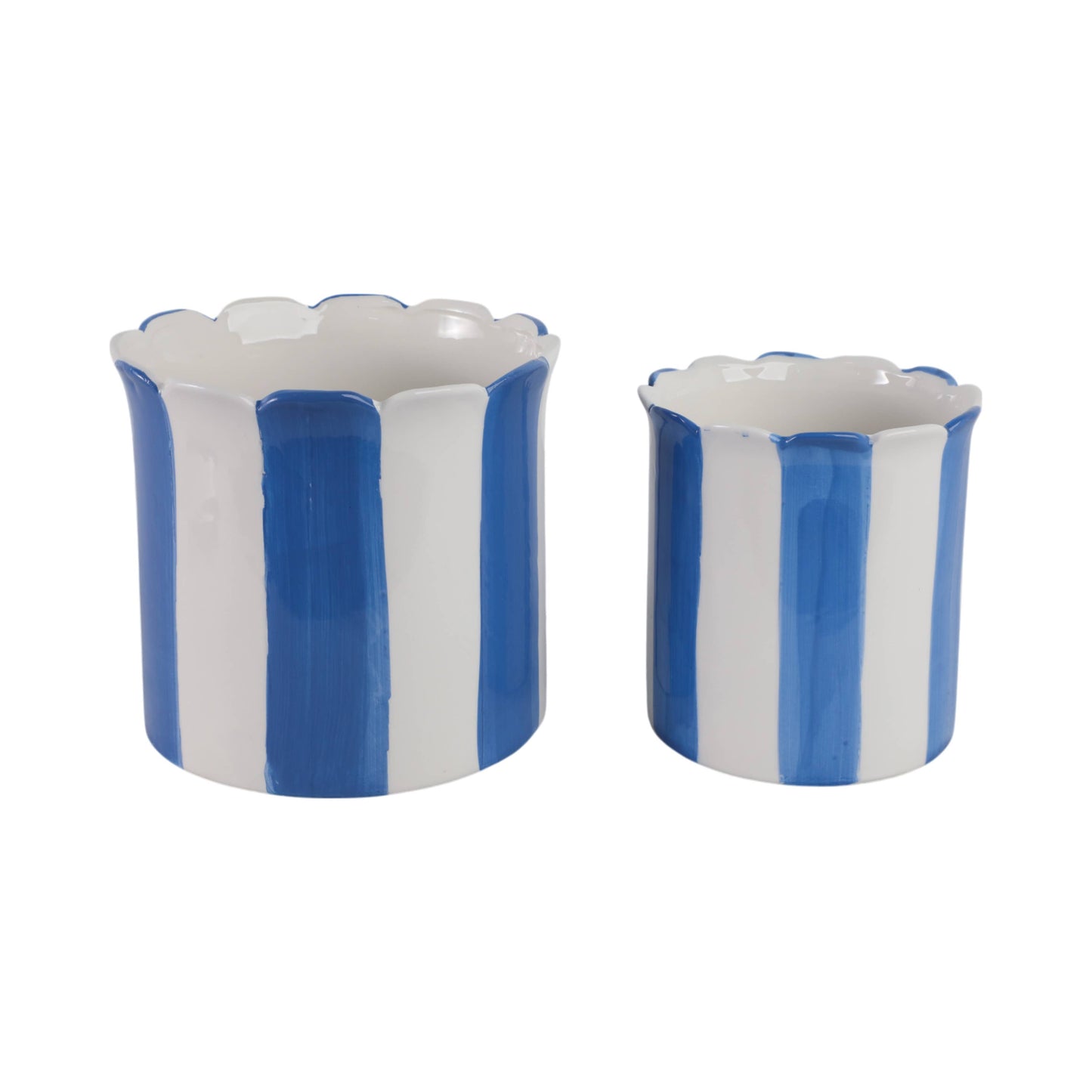 Sagebrook Home - Planters Set of 2 - Blue Ceramic Striped Scallop, 6/8 in.