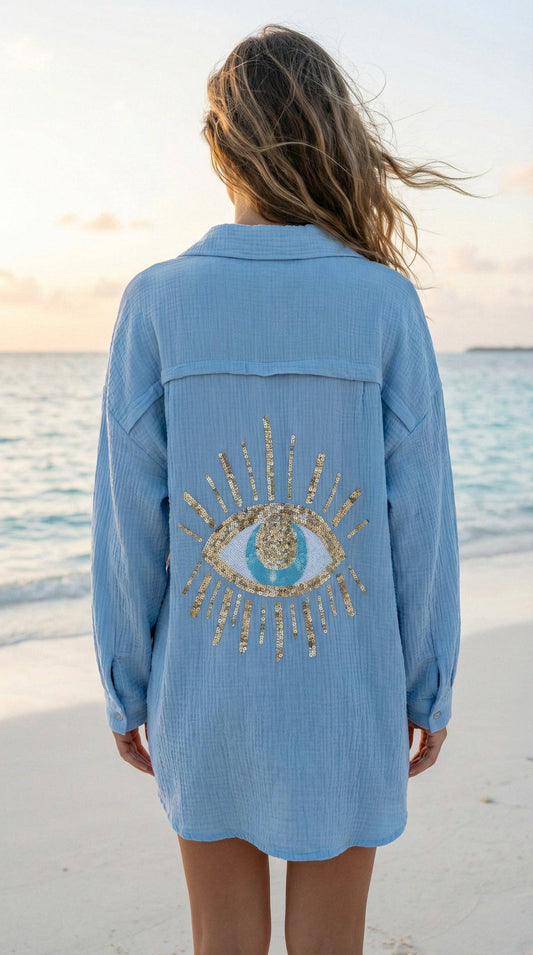 LOOWIE -  Italian OS Blue Gauze Cotton Cover Up Button Shirt