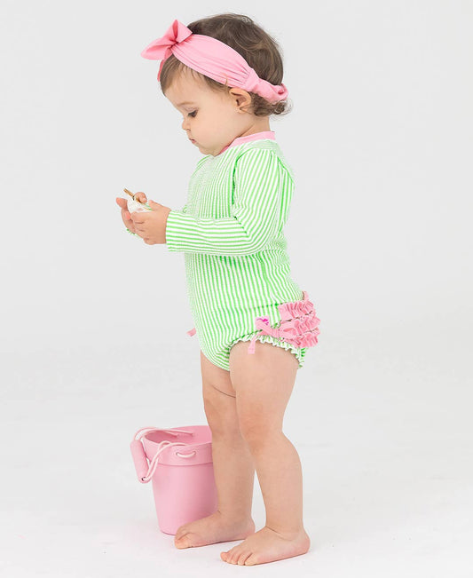 RuffleButts + RuggedButts - Baby Girls Spring Green Seersucker Long Sleeve One Piece Rash Guard Swimsuit with Signature Rear Ruffles
