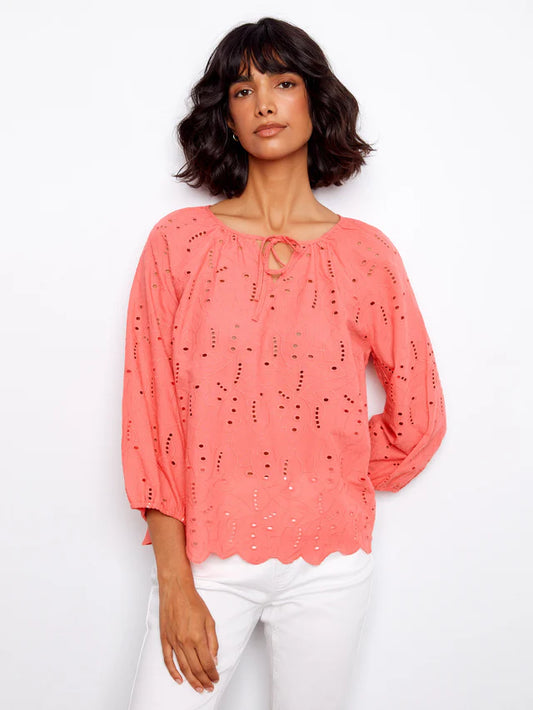 Charlie B - 3/4 Raglan Sleeve Eyelet Top - Sorbet