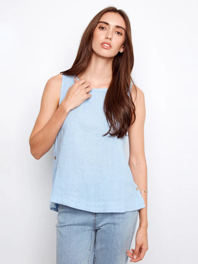 Charlie B - Crisp Linen Sleeveless Side Button Top