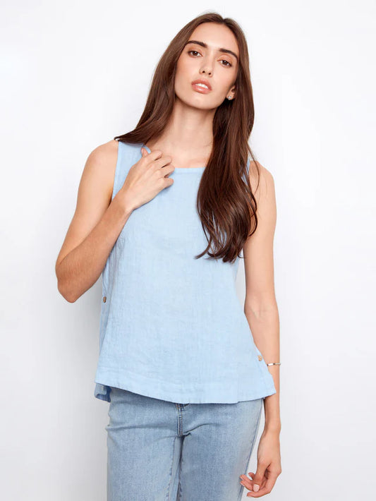 Charlie B - Crisp Linen Sleeveless Side Button Top