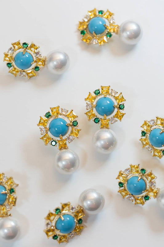 St Armands Designs of Sarasota - Palm Beach Glam Vintage Pearl Turquoise Statement Earrings