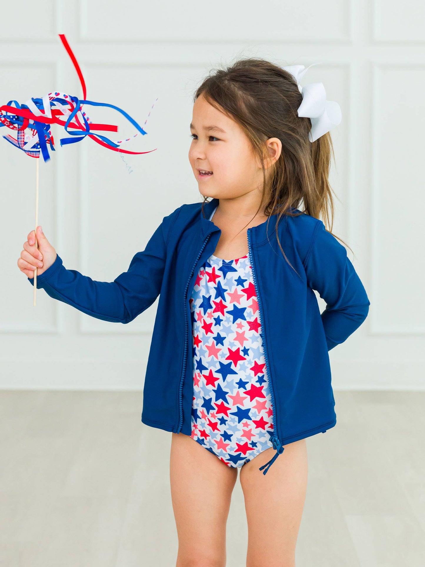 RuffleButts + RuggedButts - Girls Shimmer Star-Spangled Cross-Back One Piece Swimsuit