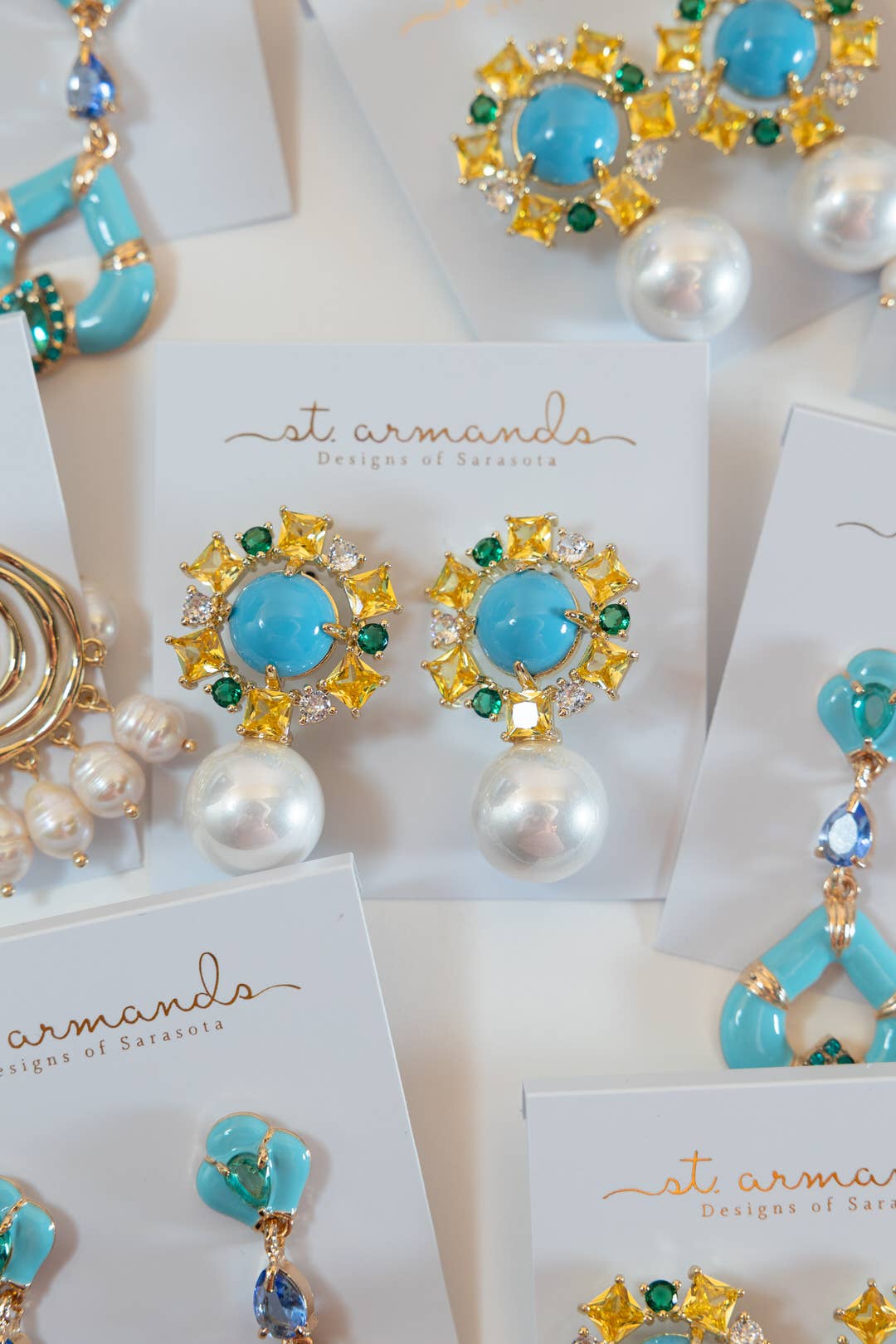 St Armands Designs of Sarasota - Palm Beach Glam Vintage Pearl Turquoise Statement Earrings
