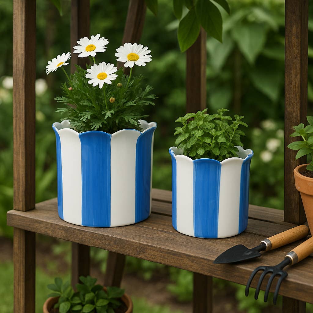 Sagebrook Home - Planters Set of 2 - Blue Ceramic Striped Scallop, 6/8 in.